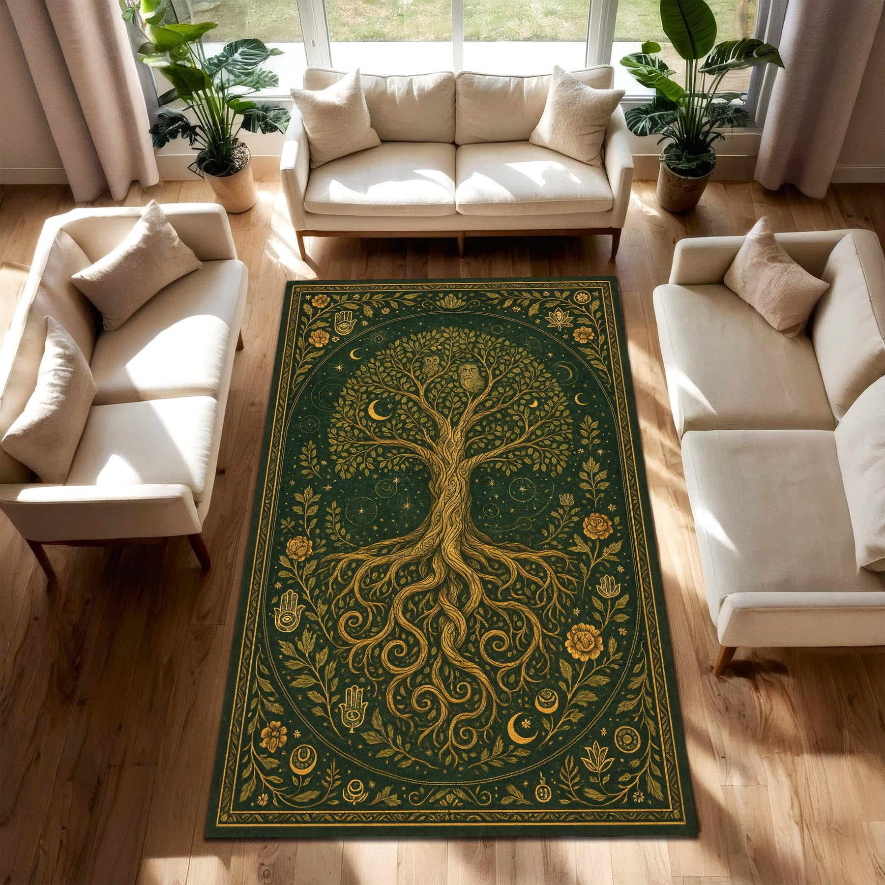 Tree of Life Rug, Olive Green and Gold Spiritual Carpet, Mystical Boho Botanical Area Rug for Meditation Room or Living Room Decor