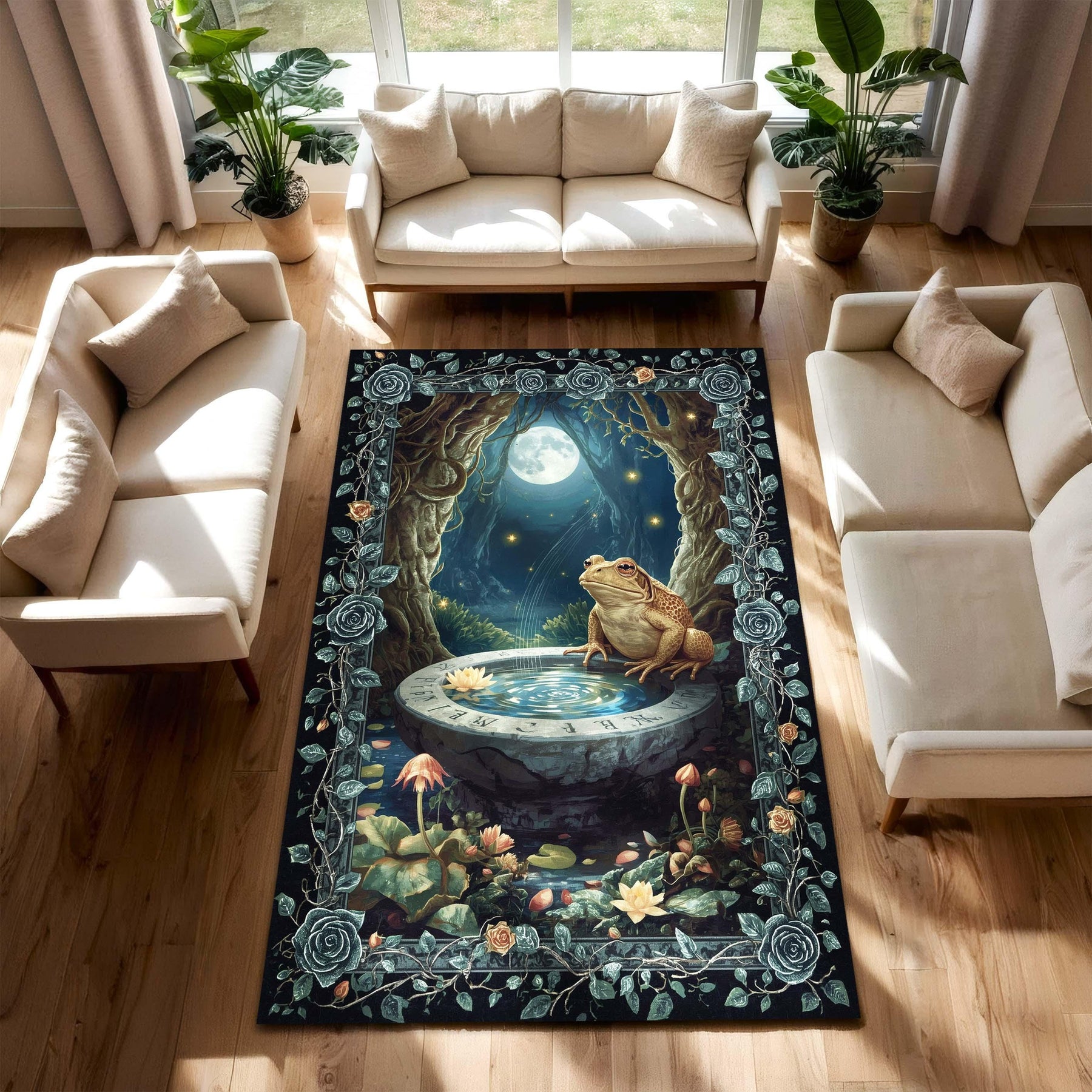Whimsical Toad Rug, Enchanted Forest Carpet with Magic Pool & Full Moon,  Botanical Frog Decor