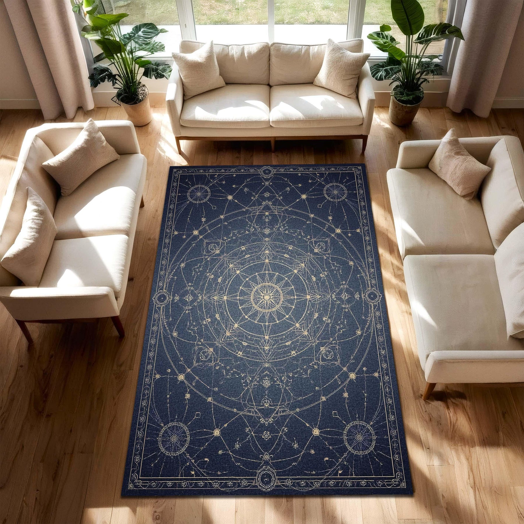 Celestial Compass Rug, Minimal Astrology Floor Mat, Sacred Geometry Star Carpet, Dark Blue Witchy Decor, Modern Mystical Living Room Rug