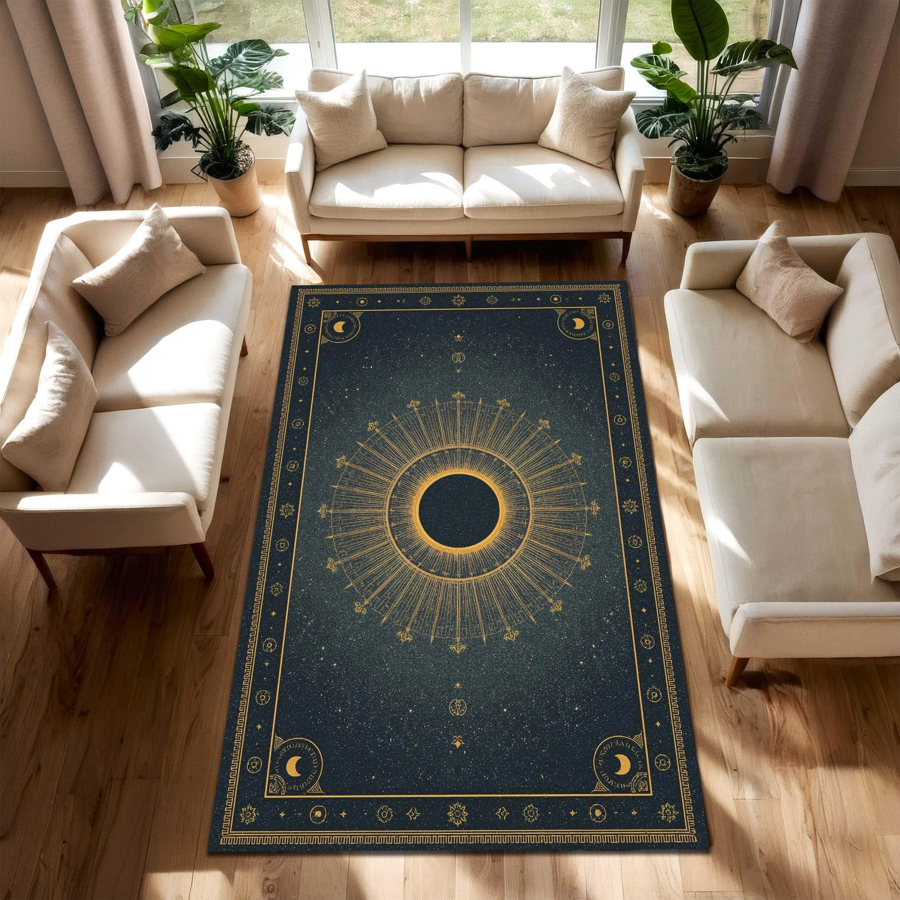 Celestial Sun Eclipse Rug, Dark Blue Solar Mandala Carpet, Gold Astrology Floor Mat, Witchy Zodiac Decor for Cosmic and Spiritual Homes