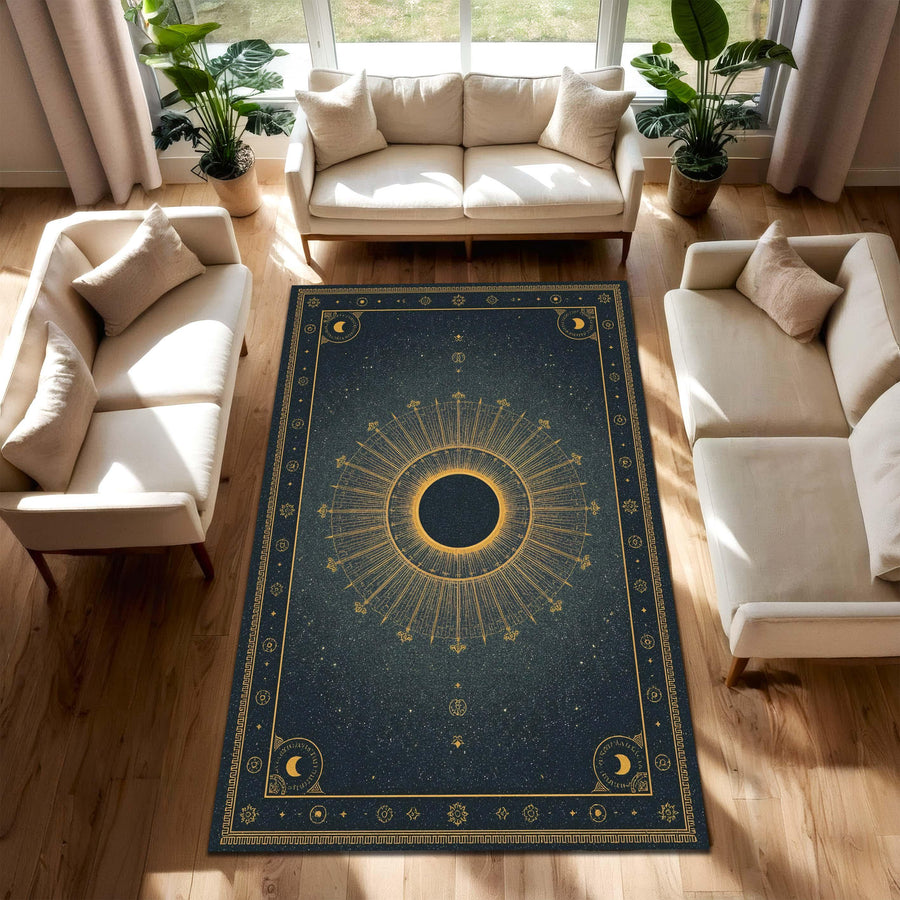 Celestial Sun Eclipse Rug, Dark Blue Solar Mandala Carpet, Gold Astrology Floor Mat, Witchy Zodiac Decor for Cosmic and Spiritual Homes