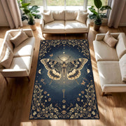 Moth Moon Phases Rug, Gothic Butterfly Celestial Carpet, Dark Blue Astrology Floor Mat, Witchy Floral Mystic Decor for Boho Spiritual Homes