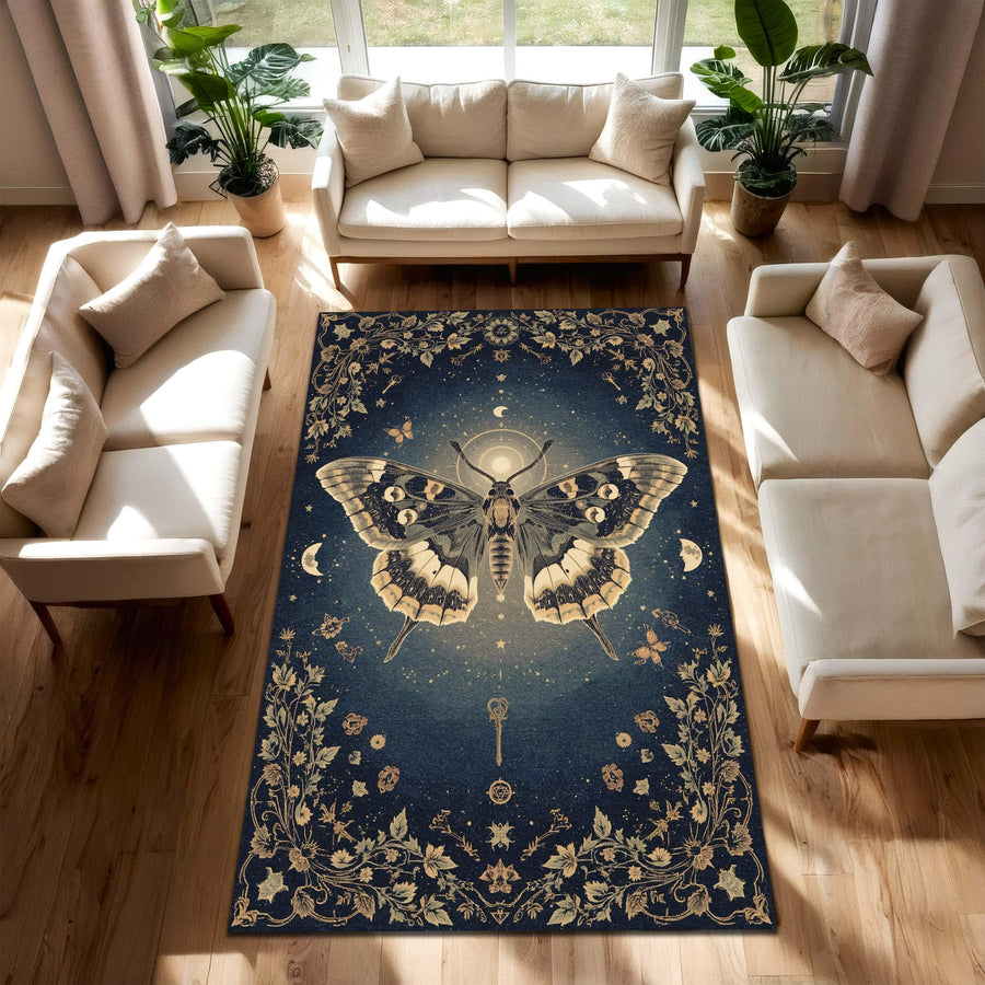 Moth Moon Phases Rug, Gothic Butterfly Celestial Carpet, Dark Blue Astrology Floor Mat, Witchy Floral Mystic Decor for Boho Spiritual Homes