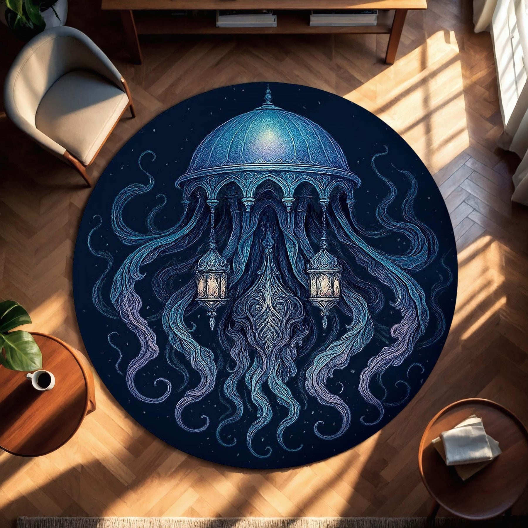 Mystic Lantern Jellyfish Rug, Fantasy Round Carpet with Floating Dome and Tentacles, Dark Surreal Night Sky Area Rug, Magical Floor Decor