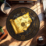 Fantasy RPG World Map Rug, Golden Scroll Round Carpet with Dragons, Castles and Magic Seal, Epic Gamer Decor for DnD Fantasy Lovers