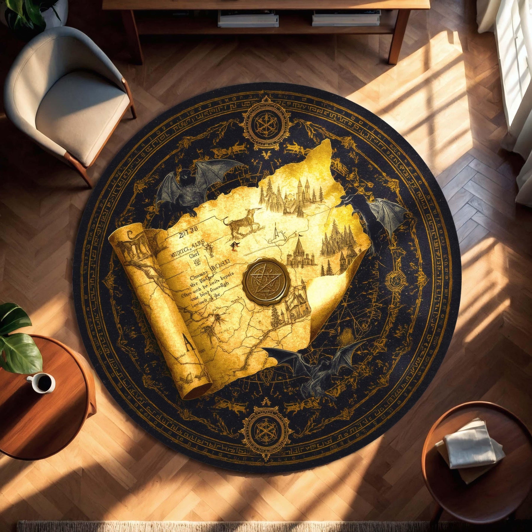 Fantasy RPG World Map Rug, Golden Scroll Round Carpet with Dragons, Castles and Magic Seal, Epic Gamer Decor for DnD Fantasy Lovers
