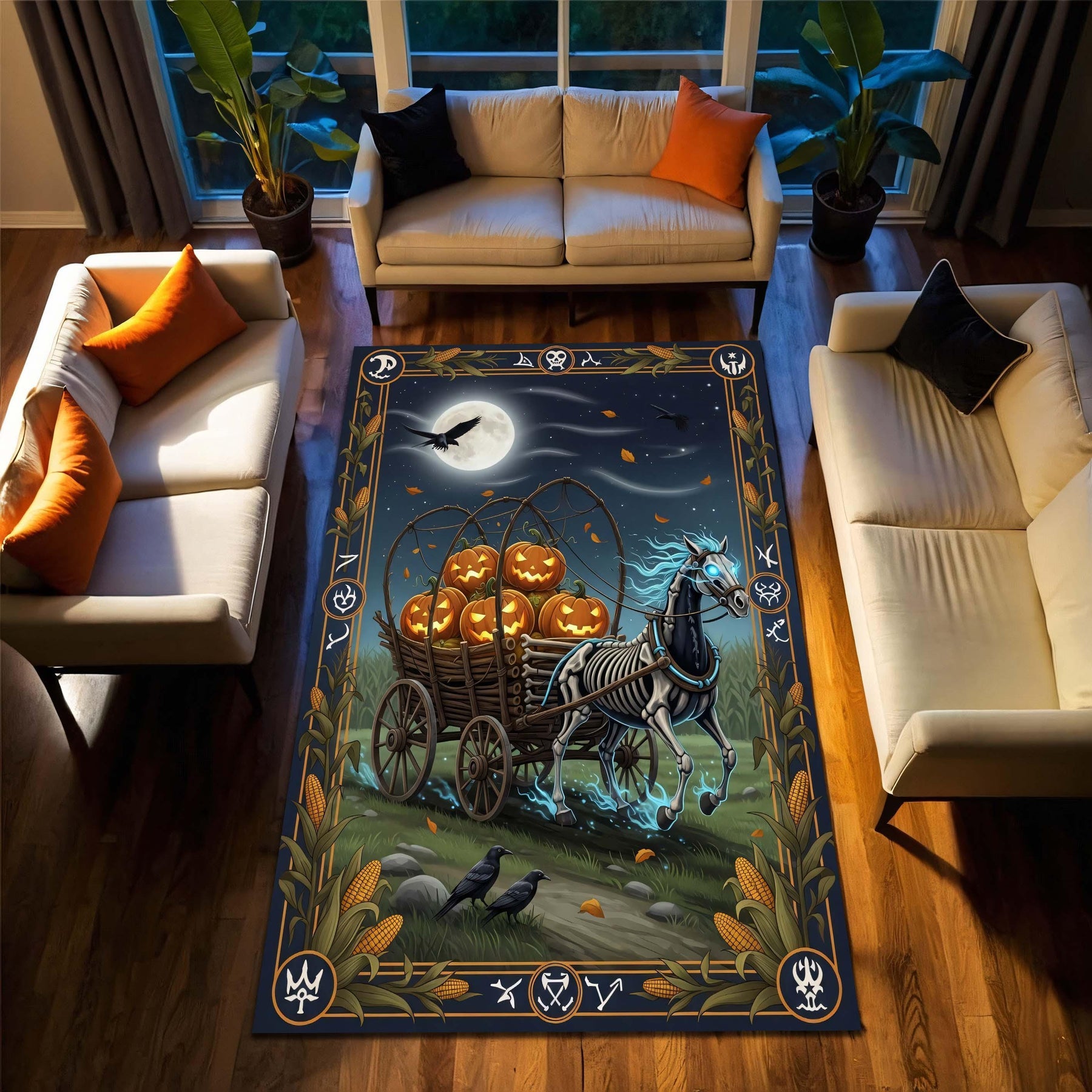 Halloween Skeleton Horse Rug, Spooky Pumpkin Wagon Carpet, Gothic Fall Decor Rug for Living Room or Halloween Entryway, Spooky Season Rug