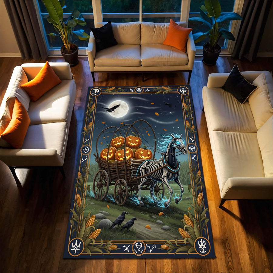 Halloween Skeleton Horse Rug, Spooky Pumpkin Wagon Carpet, Gothic Fall Decor Rug for Living Room or Halloween Entryway, Spooky Season Rug