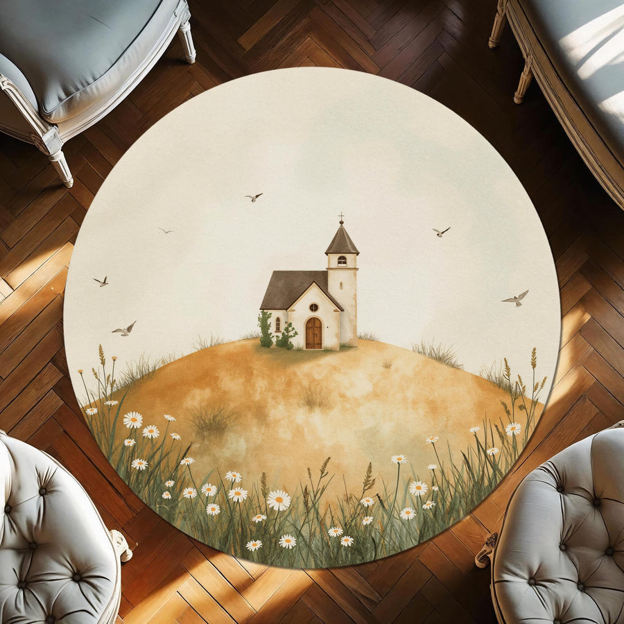 Vintage Country Church Round Rug, Daisy Meadow Floor Mat, French Cottagecore Decor, Pastoral Landscape Carpet, Soft Neutral Area Rug