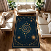 Celestial Galaxy Area Rug, Dark Blue Spiral Star Carpet, Mystical Cosmic Moon and Sun Rug for Living Room, Astral Universe Inspired Mat