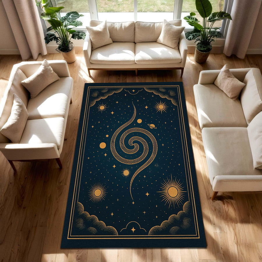 Celestial Galaxy Area Rug, Dark Blue Spiral Star Carpet, Mystical Cosmic Moon and Sun Rug for Living Room, Astral Universe Inspired Mat