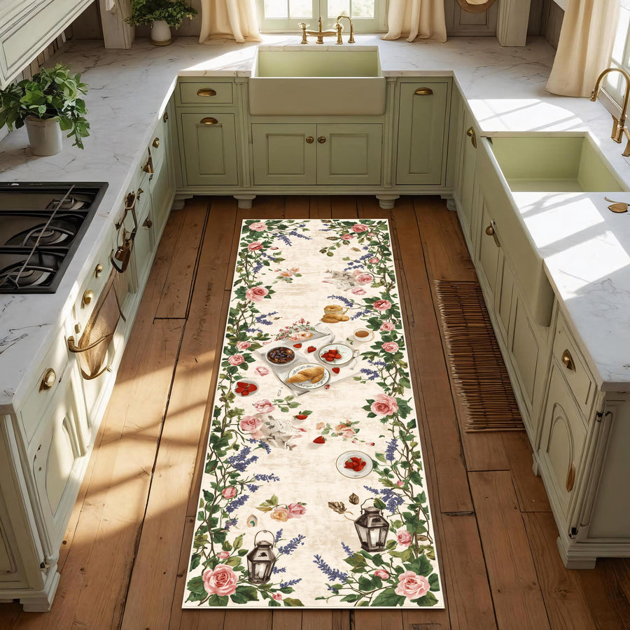 French Cottagecore Runner Rug, Vintage Floral Kitchen Runner, Black Swan Lake Rug, Garden Pathway Rug, Romantic Breakfast Design for Kitchen