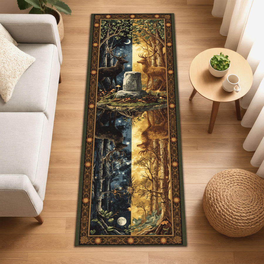 Twin Antler Grove Rug, Day and Night Deer Runner, Mythical Forest Rug, Fantasy Tapestry Hallway Mat, Woodland Stag Rug, Washable Decor Rug