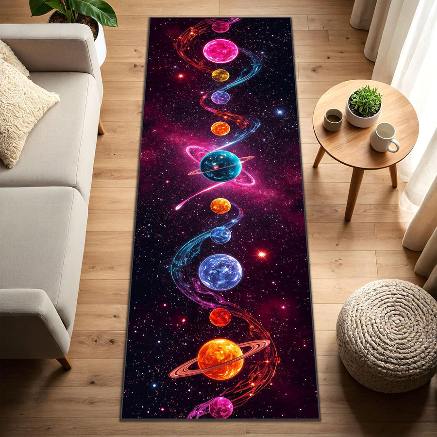 Colorful Galaxy Runner Rug, Neon Planet Hallway Carpet with Cosmic Space Design