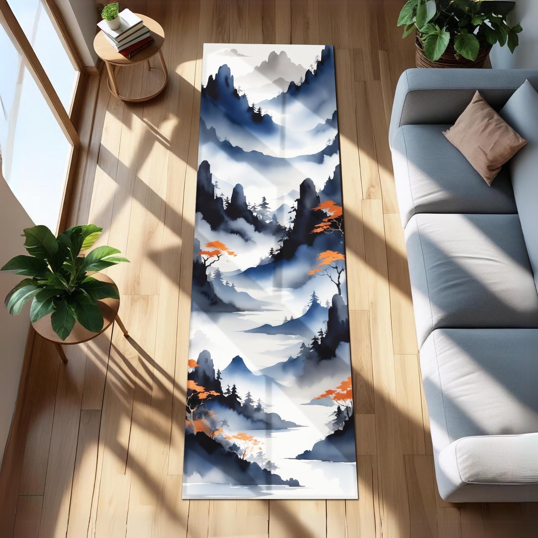 Zen Mountain Runner Rug | Japandi Style Landscape Carpet with Ink Wash Peaks, Pines & Orange Accents | Meditative Hallway or Entryway Decor