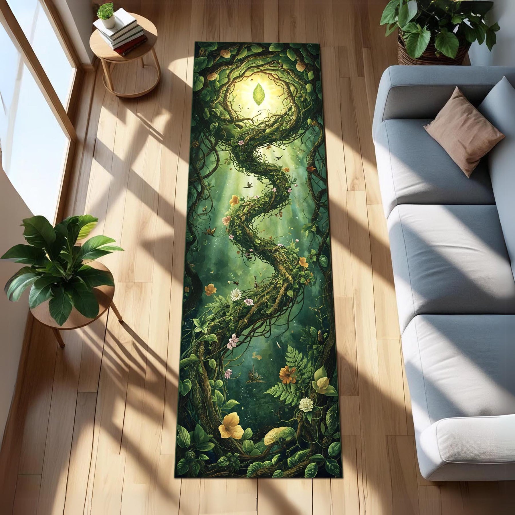 Enchanted Forest Runner Rug, Spiral Vine Path Nature Carpet, Botanical Fairycore Hallway Rug with Leaves, Flowers and Magical Light