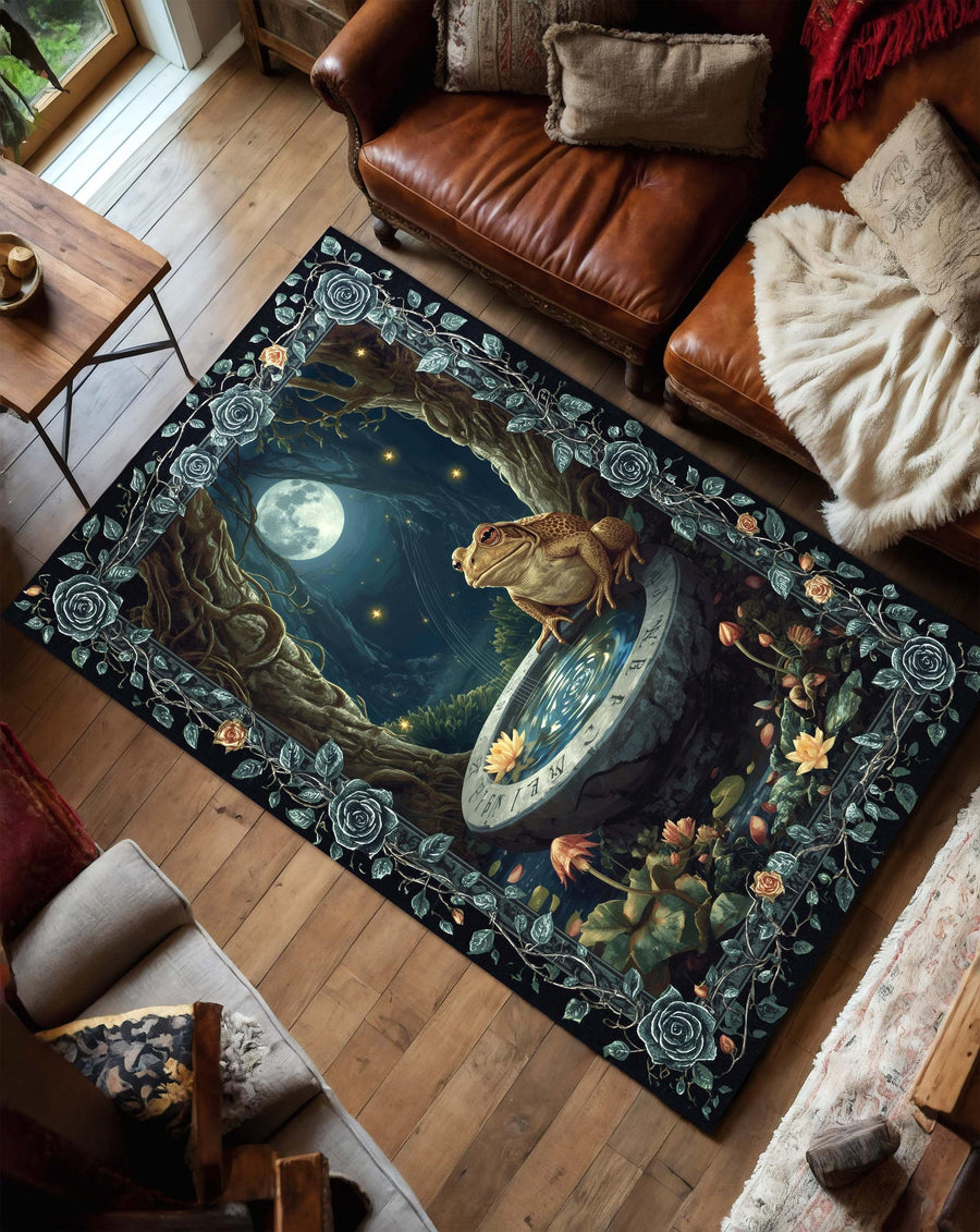 Whimsical Toad Rug, Enchanted Forest Carpet with Magic Pool & Full Moon,  Botanical Frog Decor