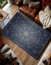 Celestial Compass Rug, Minimal Astrology Floor Mat, Sacred Geometry Star Carpet, Dark Blue Witchy Decor, Modern Mystical Living Room Rug