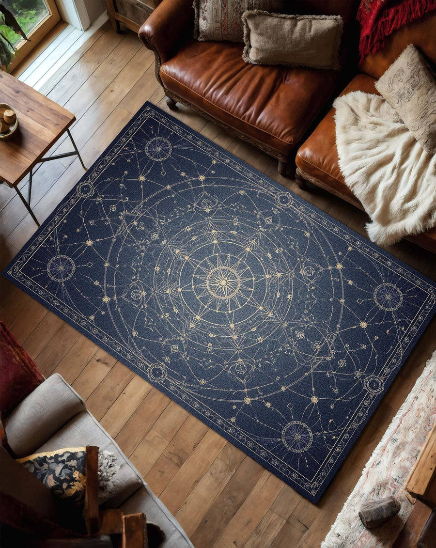 Celestial Compass Rug, Minimal Astrology Floor Mat, Sacred Geometry Star Carpet, Dark Blue Witchy Decor, Modern Mystical Living Room Rug