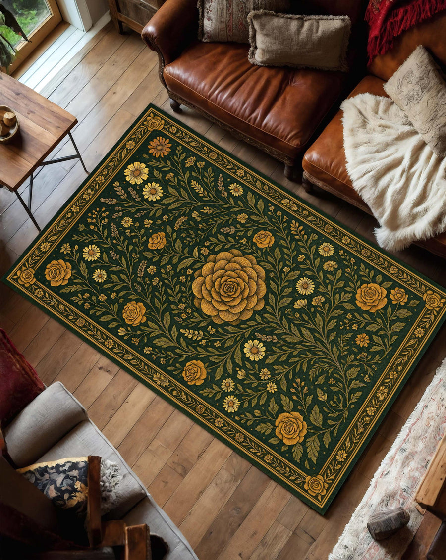 Vintage Botanical Floral Rug, Olive Green and Yellow Rose Carpet, Gobelin Style Area Rug for Boho Living Room, Elegant Tapestry Inspired Mat