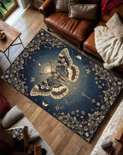 Moth Moon Phases Rug, Gothic Butterfly Celestial Carpet, Dark Blue Astrology Floor Mat, Witchy Floral Mystic Decor for Boho Spiritual Homes