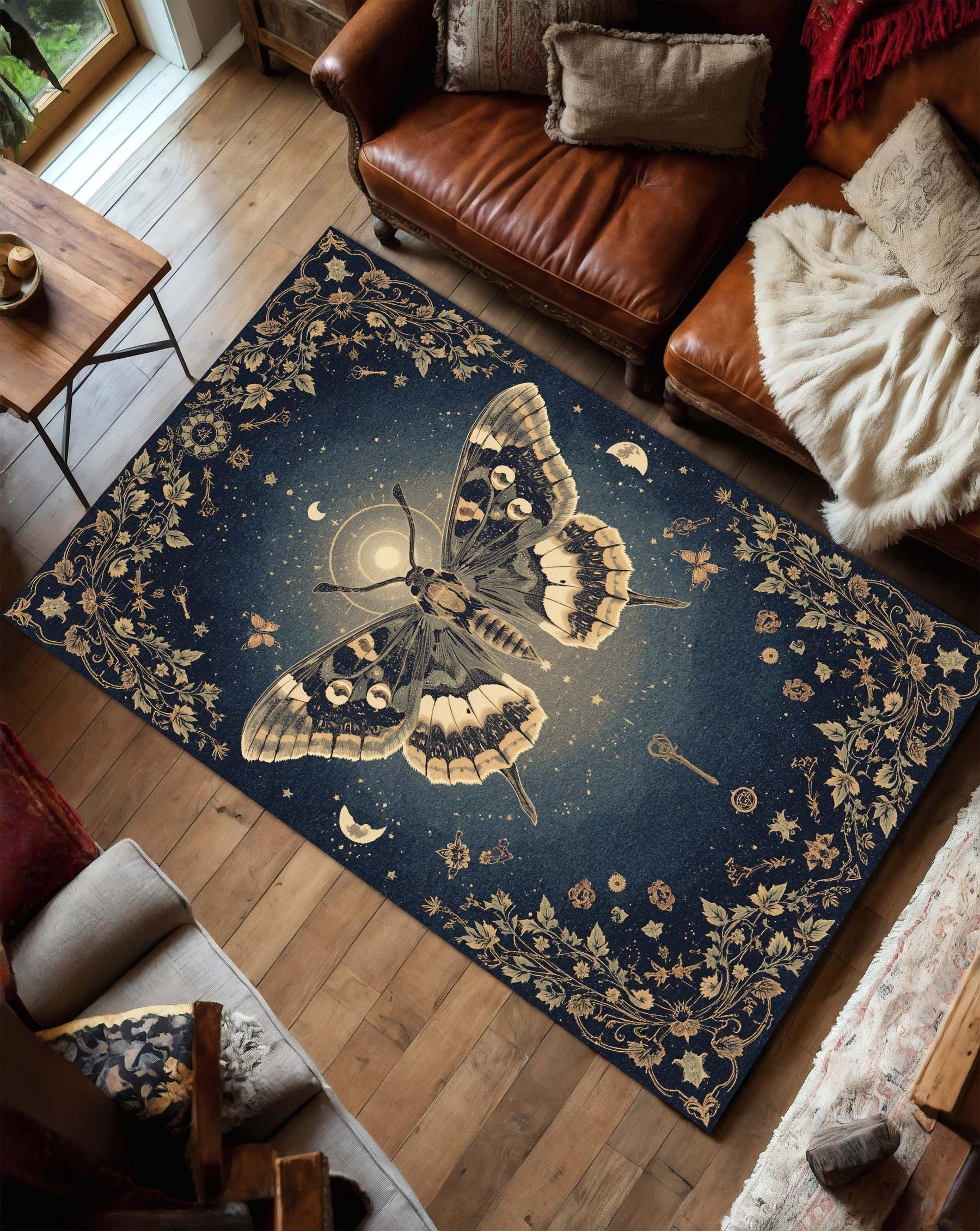 Moth Moon Phases Rug, Gothic Butterfly Celestial Carpet, Dark Blue Astrology Floor Mat, Witchy Floral Mystic Decor for Boho Spiritual Homes
