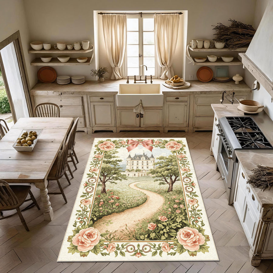 Fairytale Chateau Rug, Romantic Pathway Castle Carpet, Pink Floral Tapestry Rug, Vintage French Princess Decor, Storybook Garden Rug