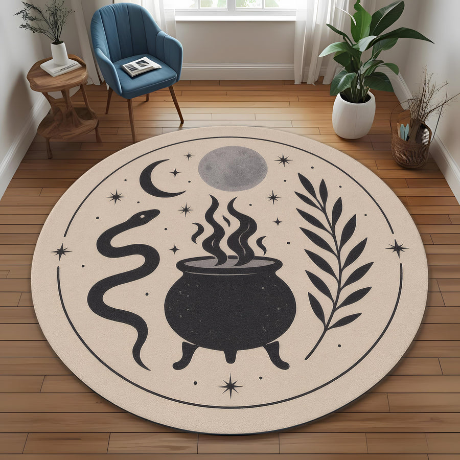 Witch Cauldron Round Rug: Mystic Snake And Moon Design Carpet For Occult, Boho Or Witchy Room Decor