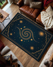 Celestial Galaxy Area Rug, Dark Blue Spiral Star Carpet, Mystical Cosmic Moon and Sun Rug for Living Room, Astral Universe Inspired Mat