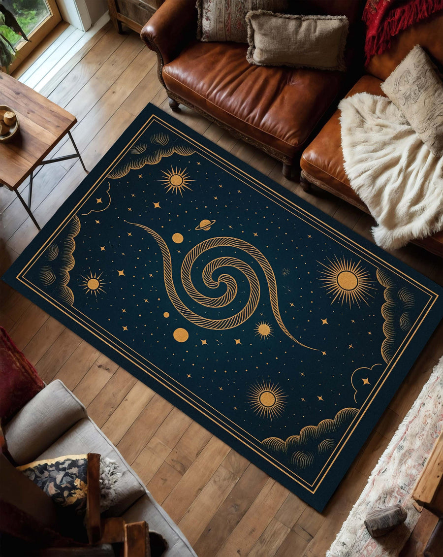 Celestial Galaxy Area Rug, Dark Blue Spiral Star Carpet, Mystical Cosmic Moon and Sun Rug for Living Room, Astral Universe Inspired Mat