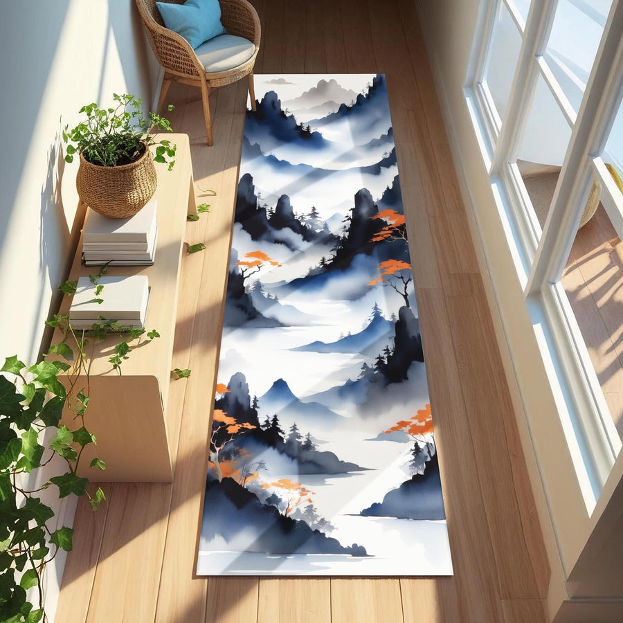 Zen Mountain Runner Rug | Japandi Style Landscape Carpet with Ink Wash Peaks, Pines & Orange Accents | Meditative Hallway or Entryway Decor