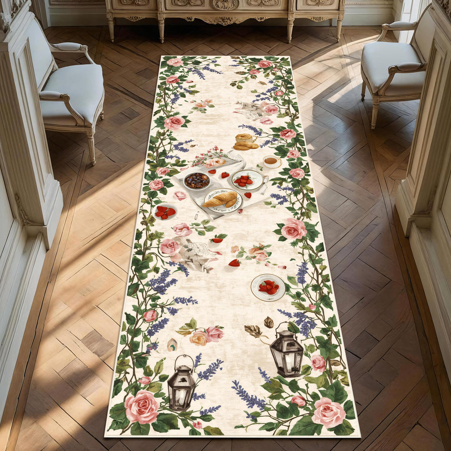 French Cottagecore Runner Rug, Vintage Floral Kitchen Runner, Black Swan Lake Rug, Garden Pathway Rug, Romantic Breakfast Design for Kitchen