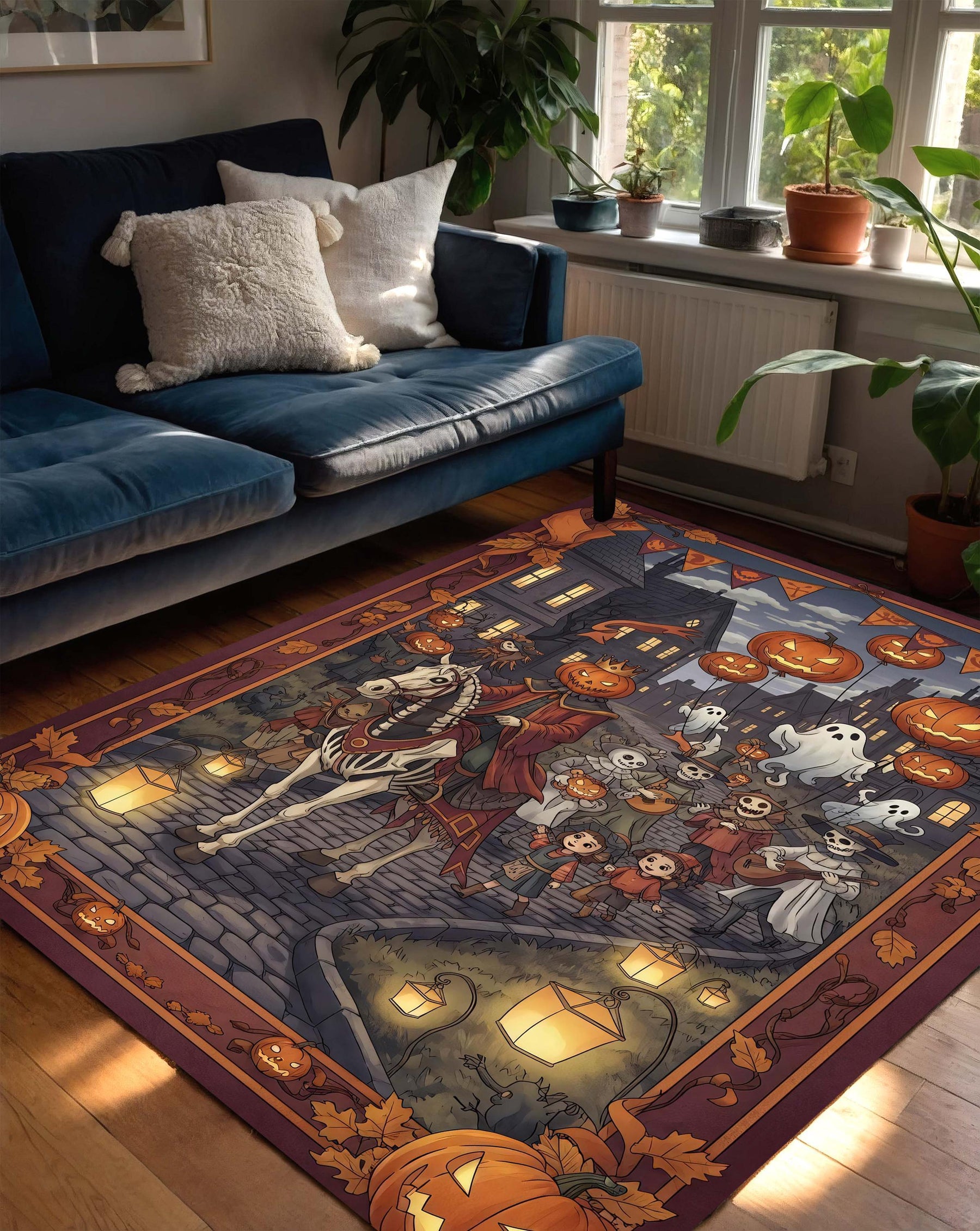 Halloween Parade Rug, Pumpkin Ghost Carpet, Trick Or Treat Fall Decor, Spooky Autumn Tapestry, Washable Haunted Town Halloween Mat
