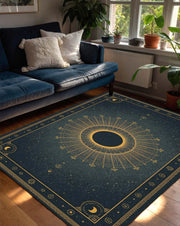 Celestial Sun Eclipse Rug, Dark Blue Solar Mandala Carpet, Gold Astrology Floor Mat, Witchy Zodiac Decor for Cosmic and Spiritual Homes