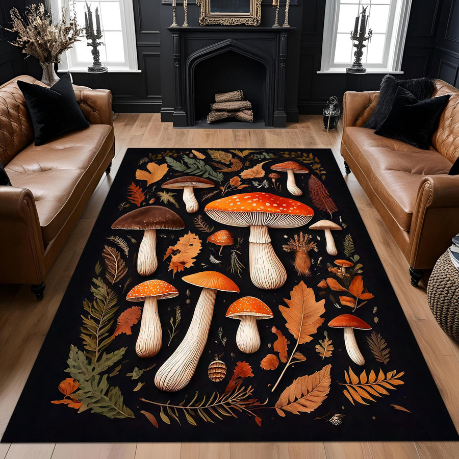 Forest Mushroom Rug: Botanical Toadstool Illustration in Autumn Colors, Cottagecore Nature Carpet for Rustic or Gothic Interiors