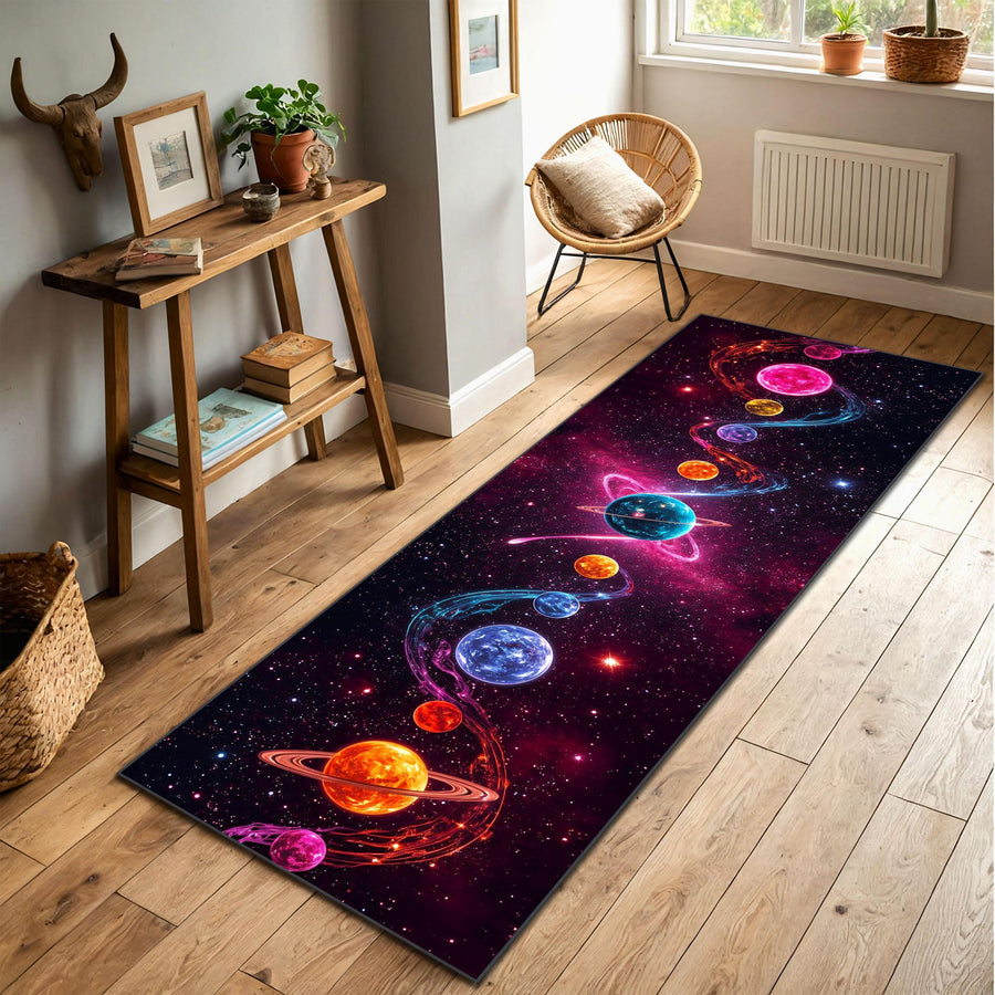 Colorful Galaxy Runner Rug, Neon Planet Hallway Carpet with Cosmic Space Design