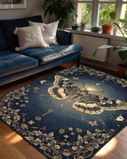 Moth Moon Phases Rug, Gothic Butterfly Celestial Carpet, Dark Blue Astrology Floor Mat, Witchy Floral Mystic Decor for Boho Spiritual Homes