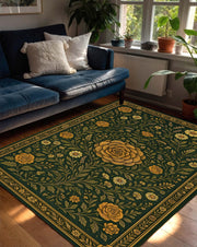 Vintage Botanical Floral Rug, Olive Green and Yellow Rose Carpet, Gobelin Style Area Rug for Boho Living Room, Elegant Tapestry Inspired Mat