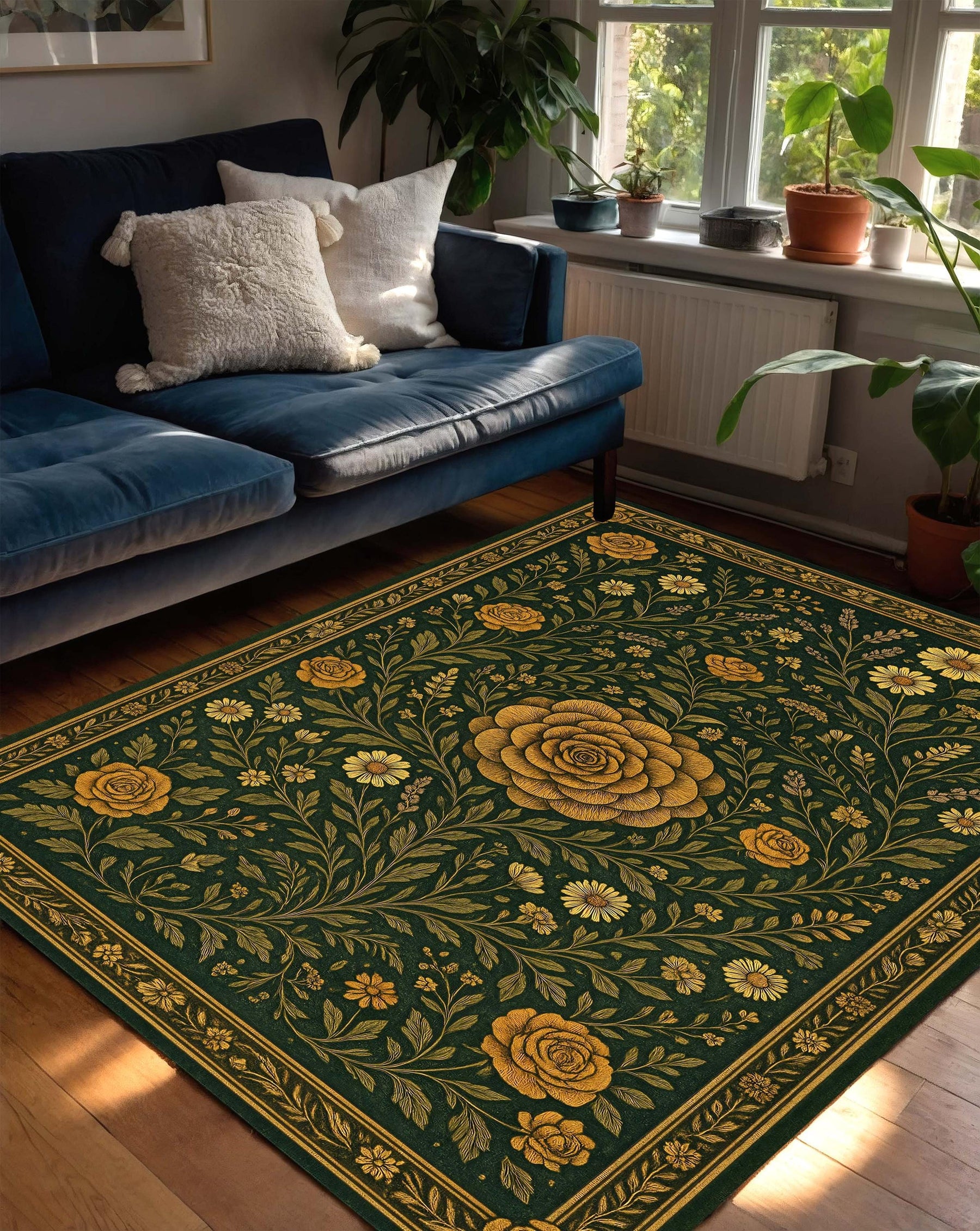 Vintage Botanical Floral Rug, Olive Green and Yellow Rose Carpet, Gobelin Style Area Rug for Boho Living Room, Elegant Tapestry Inspired Mat