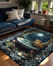 Whimsical Toad Rug, Enchanted Forest Carpet with Magic Pool & Full Moon,  Botanical Frog Decor