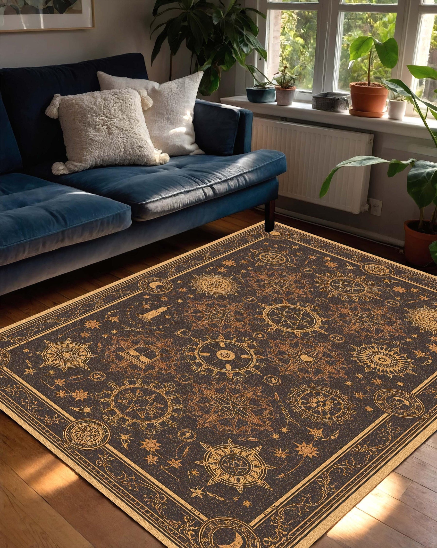 Sacred Geometry Rug, Cosmic Symbol Astrology Carpet, Dark Boho Star Map Floor Mat, Esoteric Mystical Decor for Witchy Spiritual Interiors