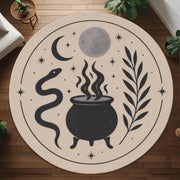 Witch Cauldron Round Rug: Mystic Snake And Moon Design Carpet For Occult, Boho Or Witchy Room Decor
