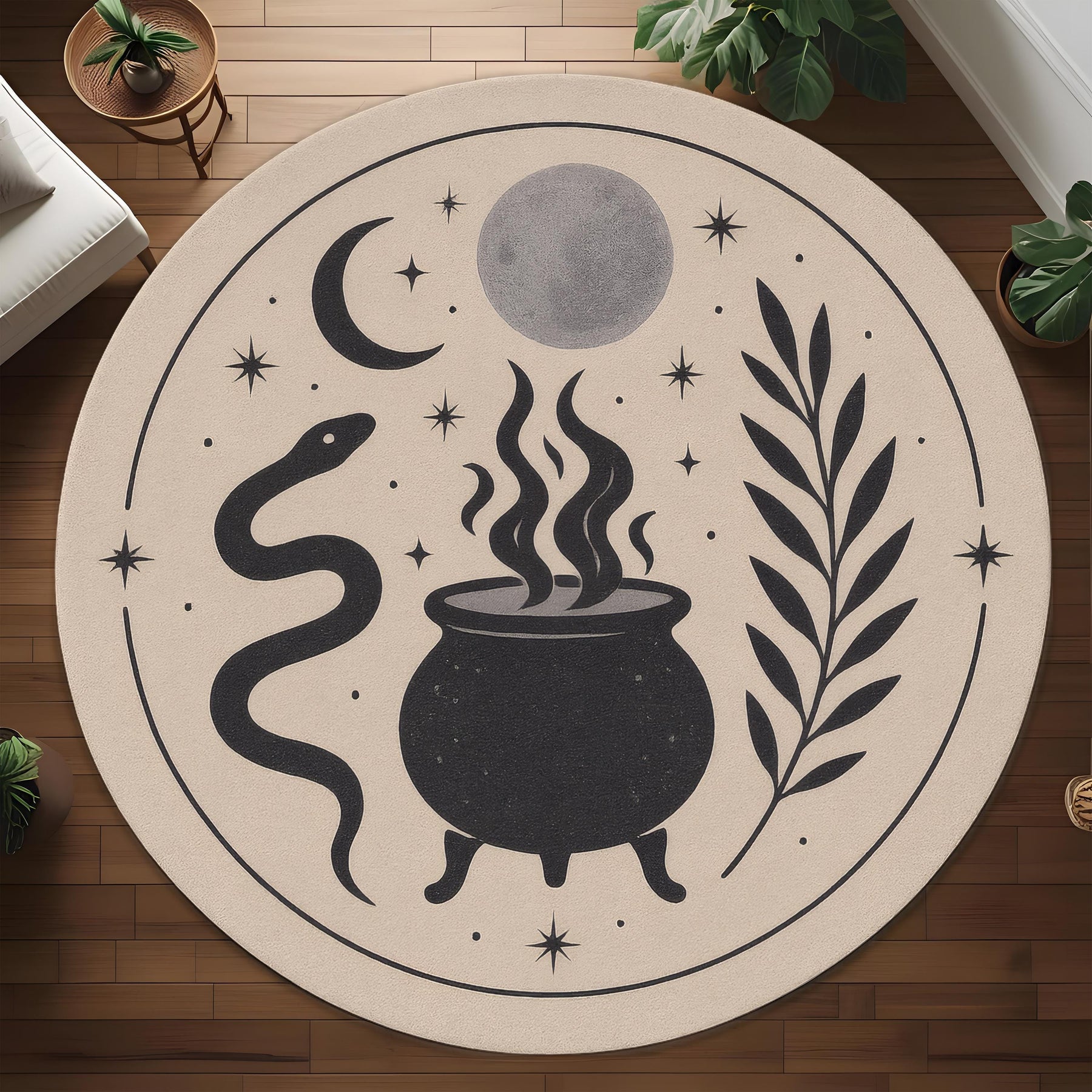 Witch Cauldron Round Rug: Mystic Snake And Moon Design Carpet For Occult, Boho Or Witchy Room Decor