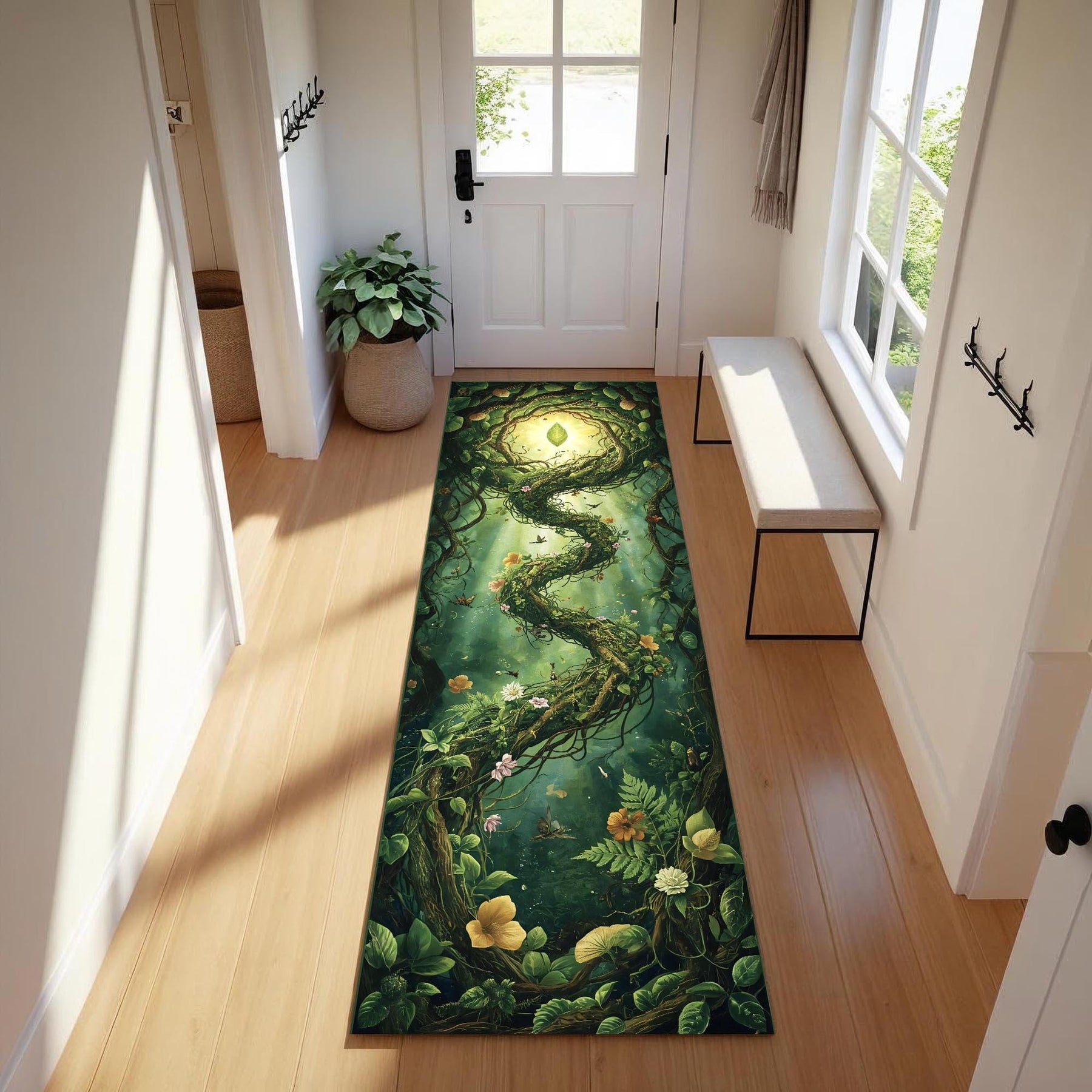 Enchanted Forest Runner Rug, Spiral Vine Path Nature Carpet, Botanical Fairycore Hallway Rug with Leaves, Flowers and Magical Light