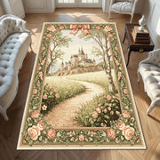 Châteaucore Castle Rug, Fairytale Rose Path Carpet, French Storybook Decor, Antique Style Tapestry Rug, Romantic Pastel Castleview Rug