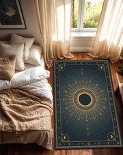 Celestial Sun Eclipse Rug, Dark Blue Solar Mandala Carpet, Gold Astrology Floor Mat, Witchy Zodiac Decor for Cosmic and Spiritual Homes