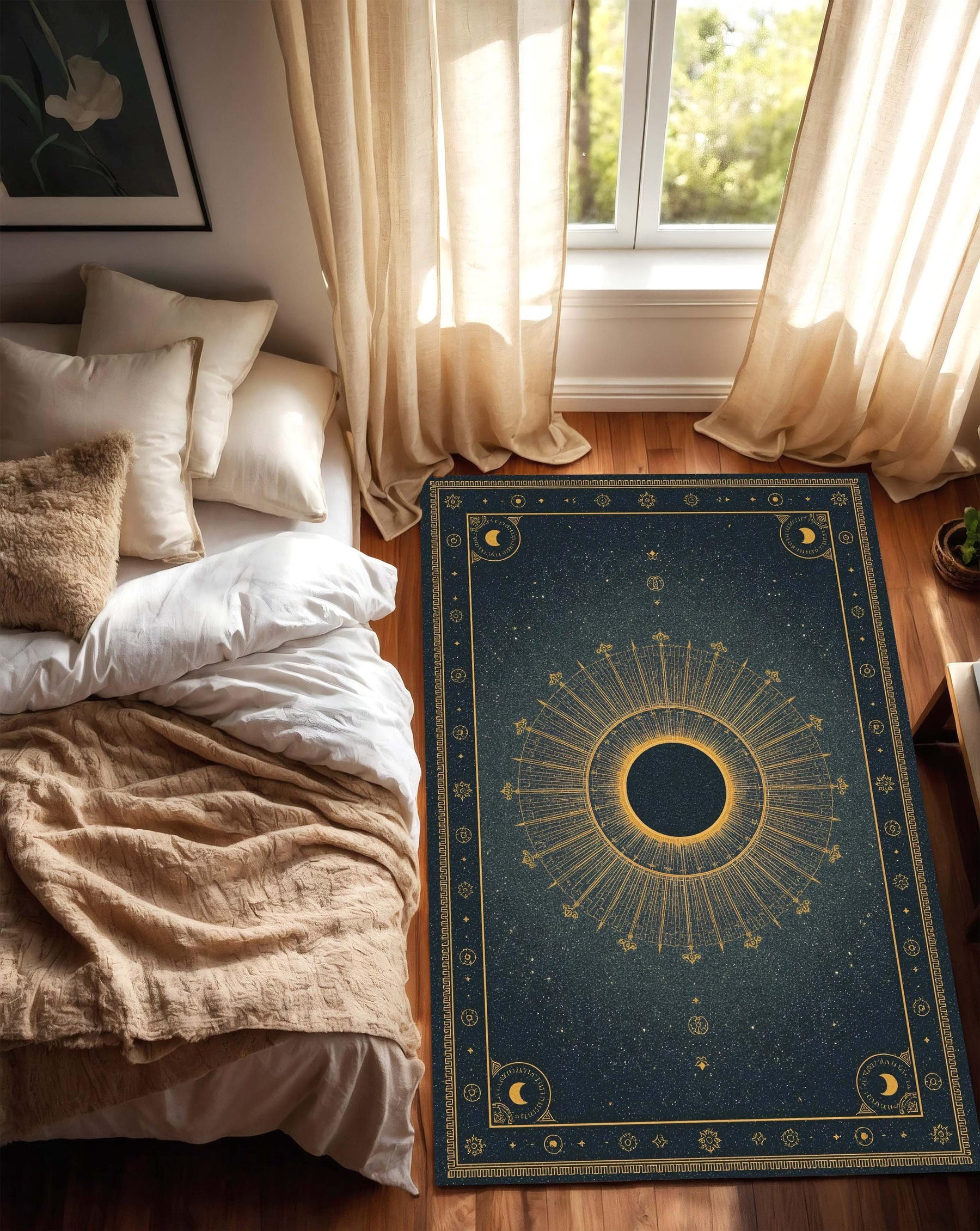 Celestial Sun Eclipse Rug, Dark Blue Solar Mandala Carpet, Gold Astrology Floor Mat, Witchy Zodiac Decor for Cosmic and Spiritual Homes