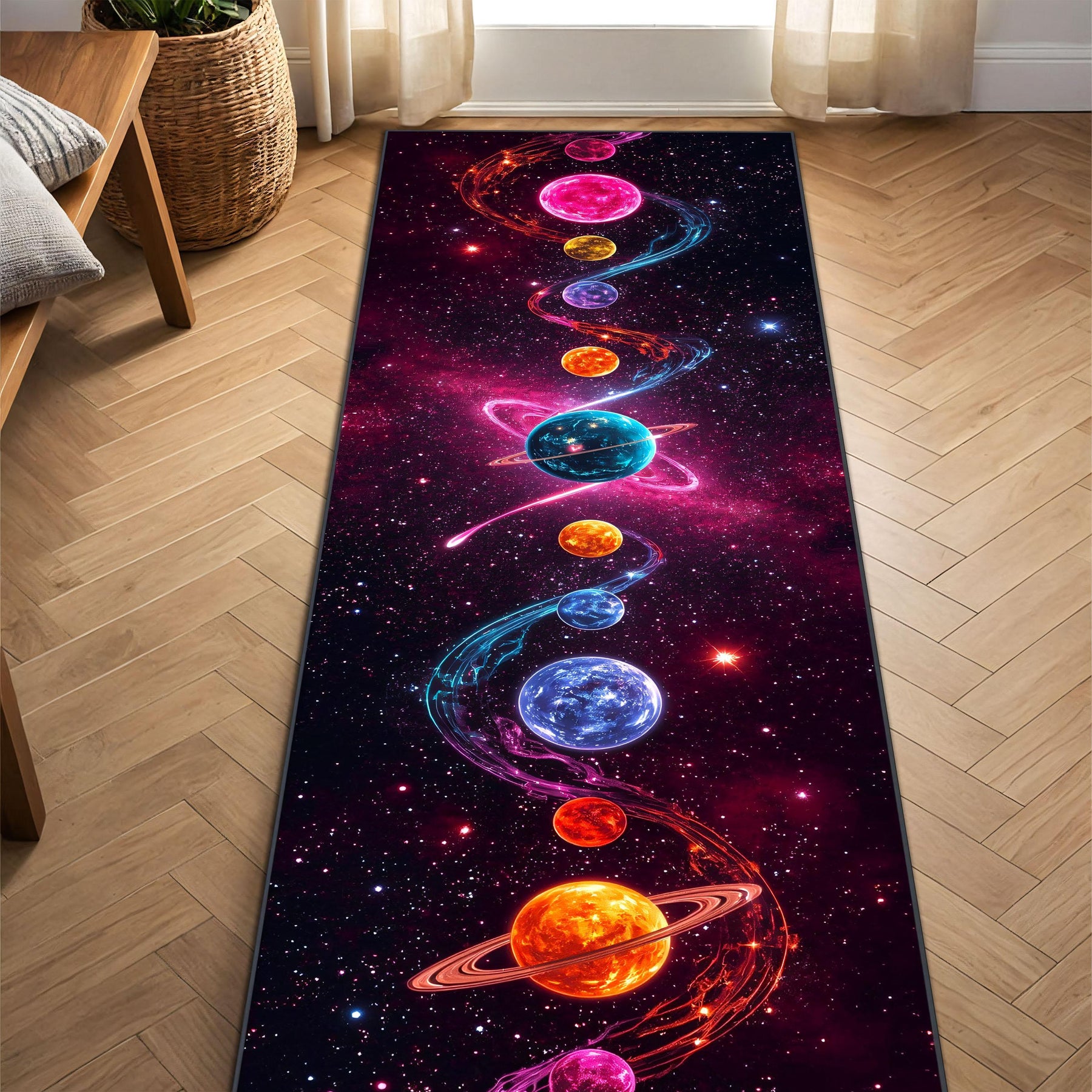 Colorful Galaxy Runner Rug, Neon Planet Hallway Carpet with Cosmic Space Design