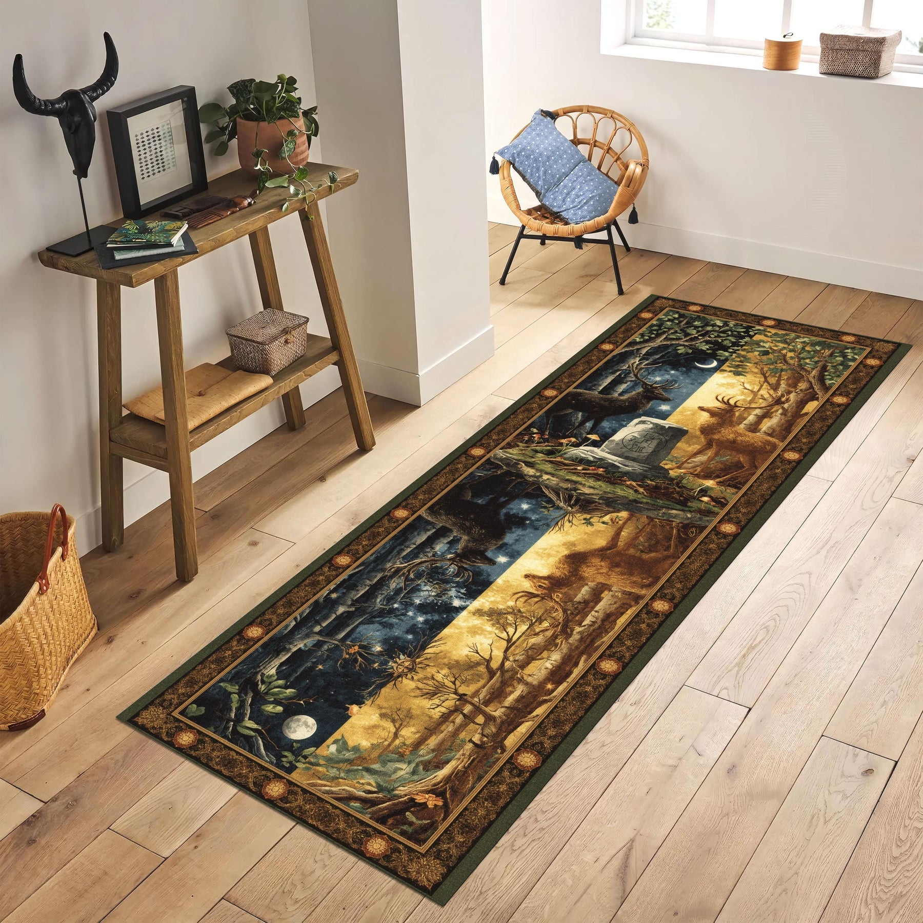 Twin Antler Grove Rug, Day and Night Deer Runner, Mythical Forest Rug, Fantasy Tapestry Hallway Mat, Woodland Stag Rug, Washable Decor Rug