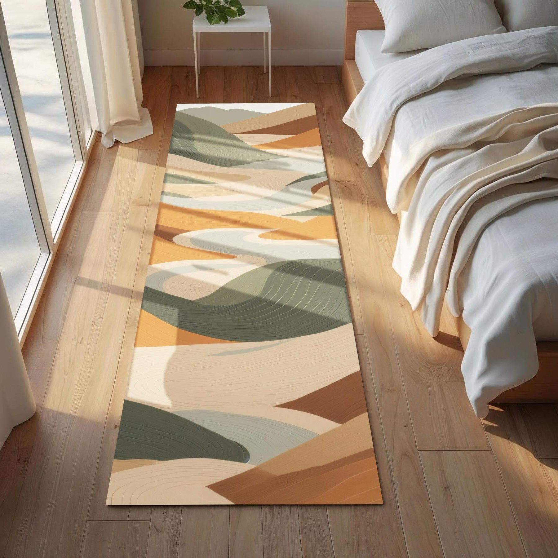 Modern Abstract Landscape Runner Rug | Earthy Boho Carpet with Flowing Hills & Warm Neutral Tones | Japandi or Zen Inspired Hallway Decor